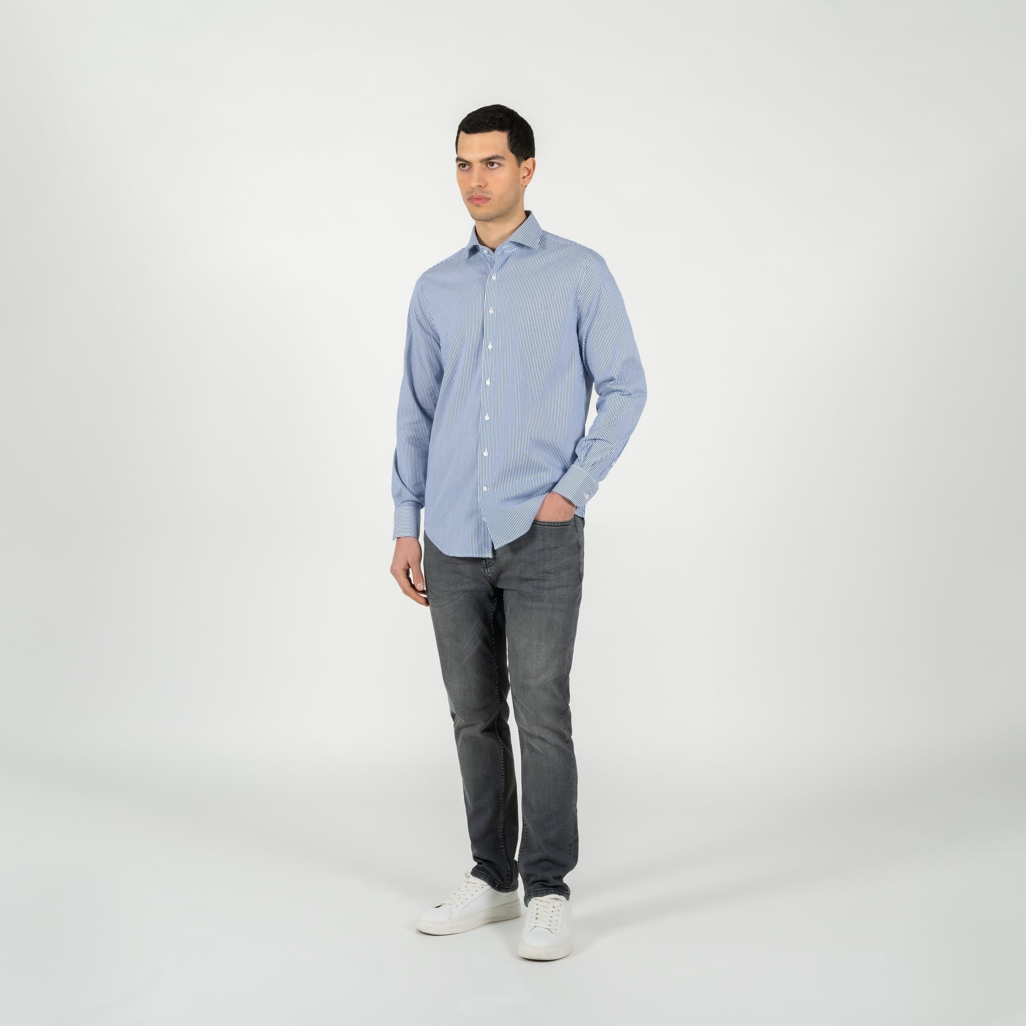 Camicia popeline a righe collo francese regular fit