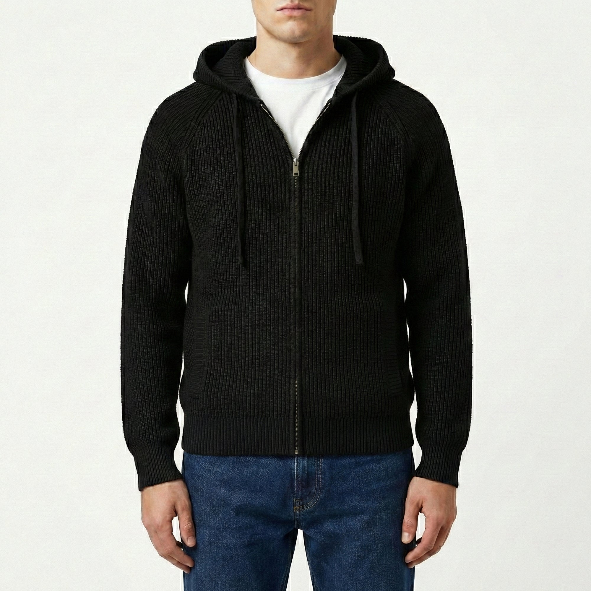 Maglia a coste con zip e cappuccio 