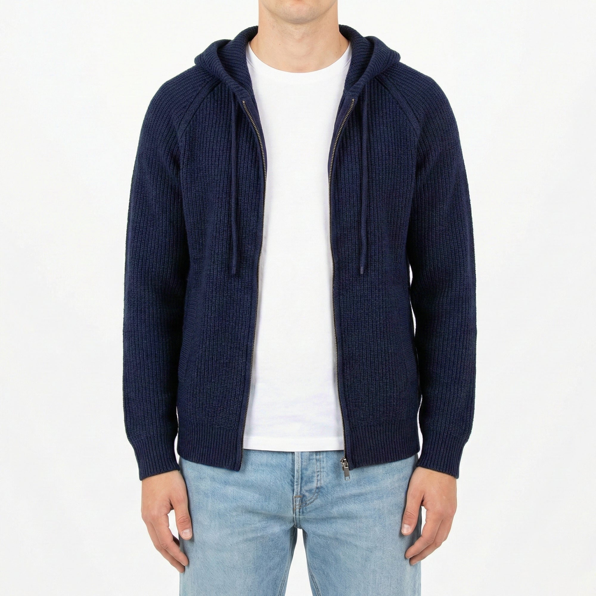 Maglia a coste con zip e cappuccio 