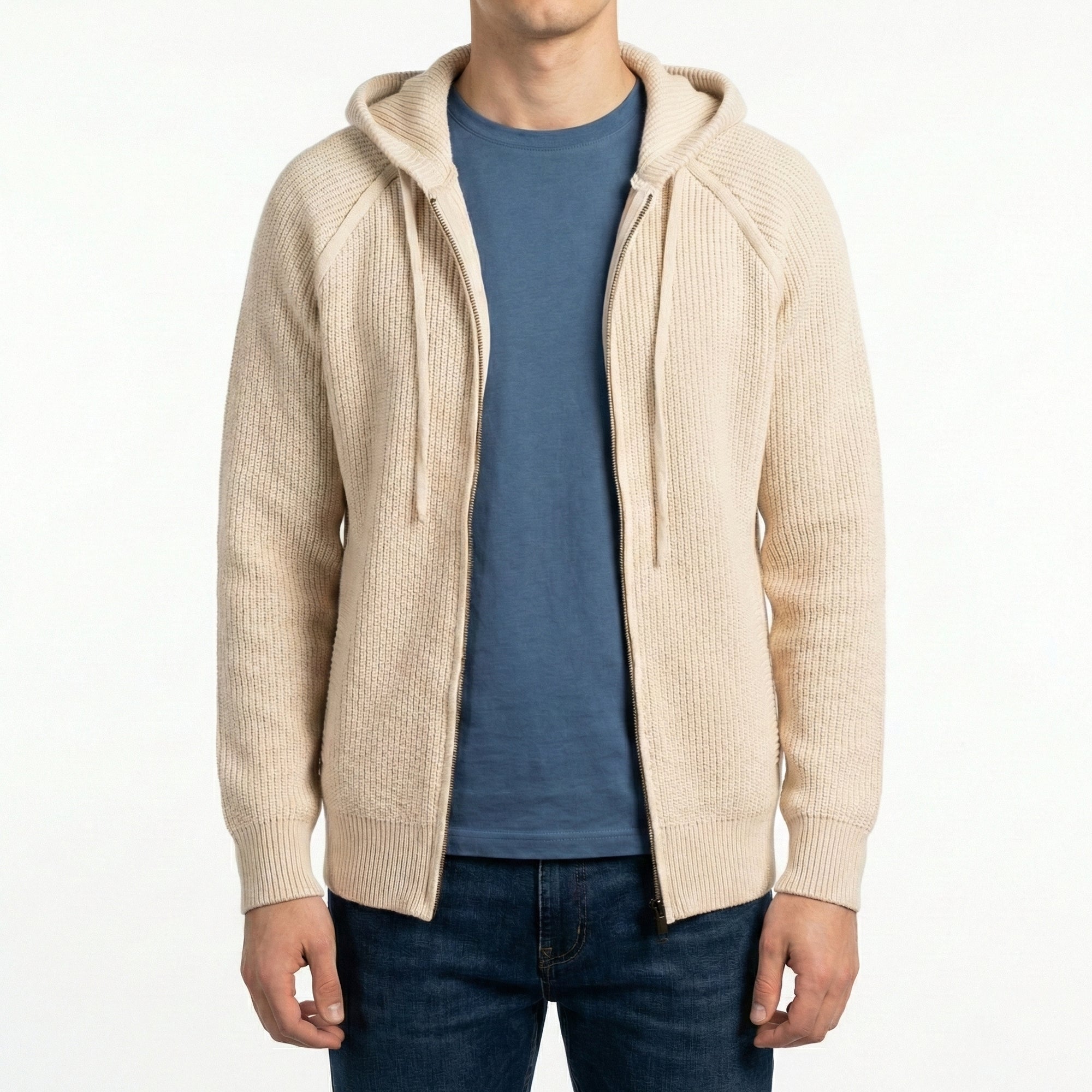 Maglia a coste con zip e cappuccio 