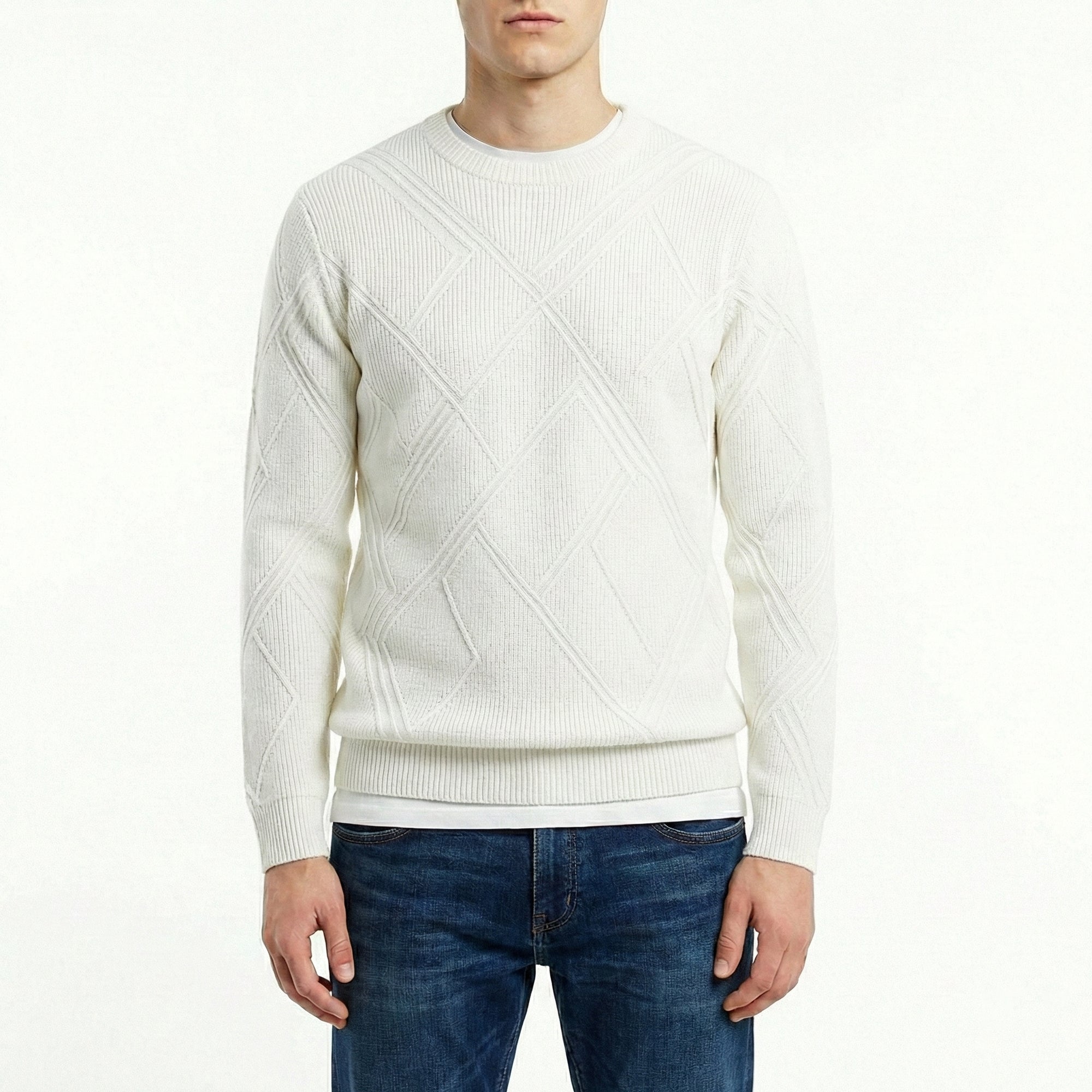 Maglia girocollo a coste con intarsio rombi 