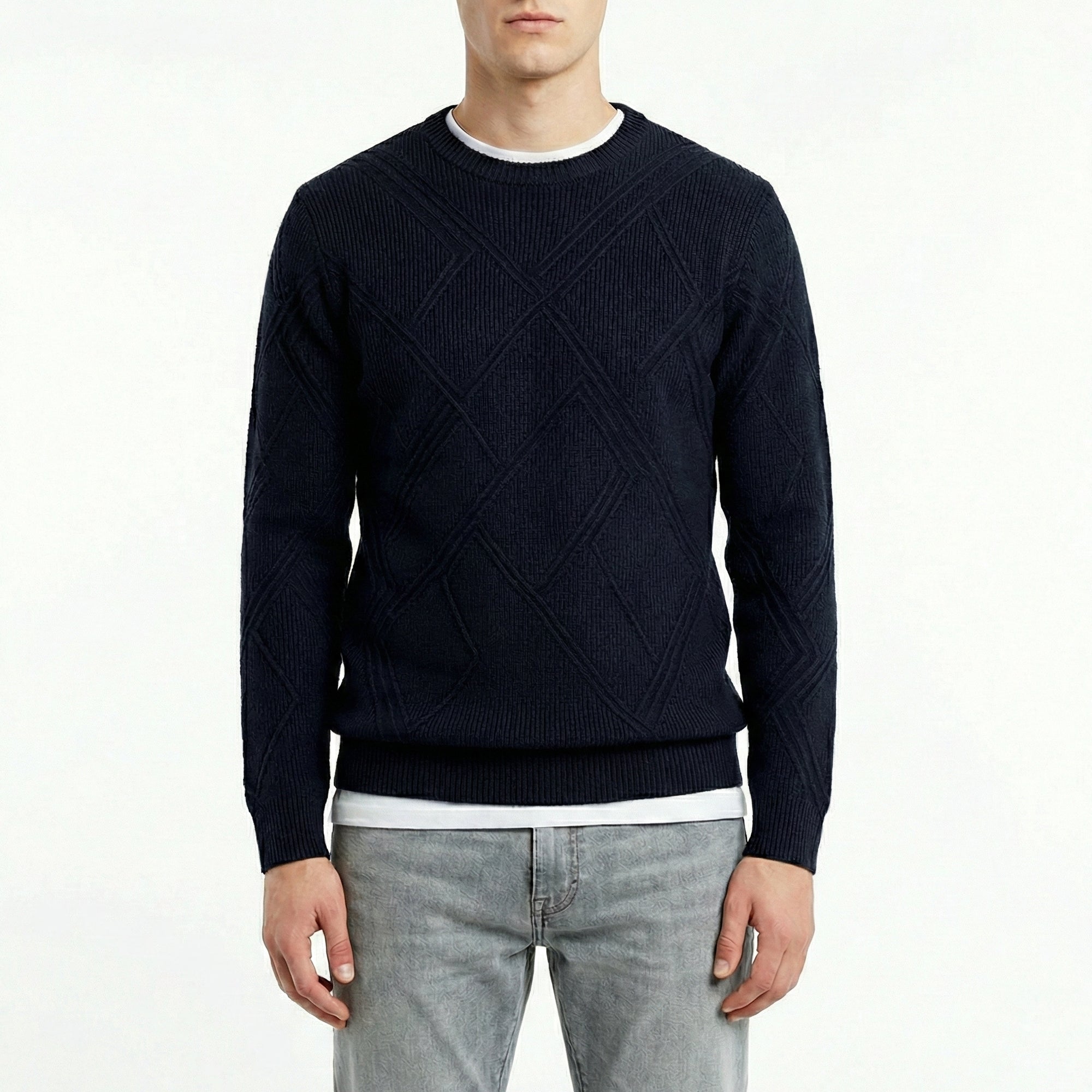 Maglia girocollo a coste con intarsio rombi 