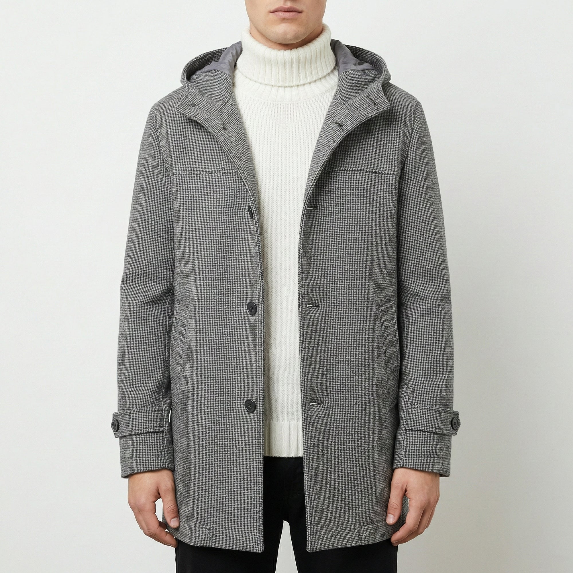 Cappotto pied de poule con cappuccio